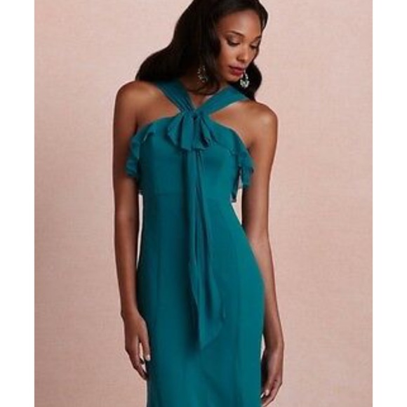 New Quillaree x BHLDN Wind Wave 2 / XS Green Teal Chiffon Ruffled Formal Gown - Picture 3 of 8